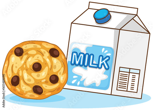 Chocolate Chip Cookie and Milk Carton Vector Illustration