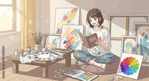 An Artist's Respite: A Painter's Cozy Break with Book amidst Creative Chaos