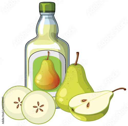 Pear Juice Bottle with Whole and Sliced Pears Illustration