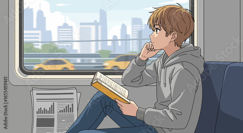 Anime-inspired journey: thoughtful youth gazing out the window during commute
