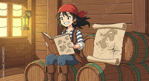 Animated pirate girl delves into a treasure map book, surrounded by scrolls and barrels