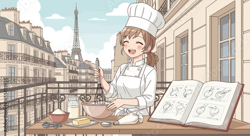 Animated Parisian pastry chef creating desserts with the Eiffel Tower view