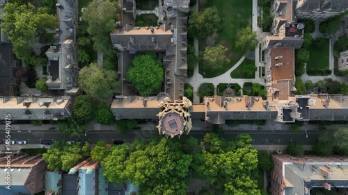 Aerial Top-down of Yale University’s gothic architecture, historic courtyards and symmetrical campus layout in New Haven, Connecticut. Sunny day in summer.