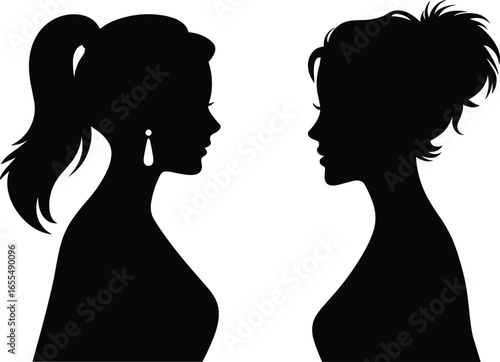 Silhouettes of two women in profile view, ponytail hairstyle, messy bun hairstyle, facing each other, side view, black figures, white background, illustration