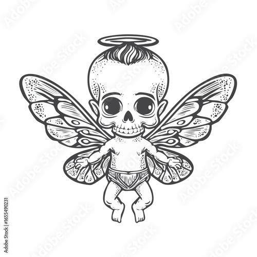 Baby fairy with skull head vintage engraving sketch illustration with detailed retro line art combining fantasy and gothic elements, perfect for mythological themes, dark art concepts, vintage fantasy