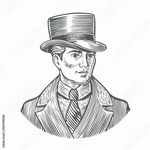 Antique gentleman in a cap and coat vintage engraving sketch illustration with detailed retro line art of a classic male figure in traditional attire, perfect for historical themes, vintage fashion pr