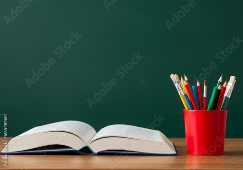 A Colorful Array of Pencils Next to an Open Book Against a Green Chalkboard Background
