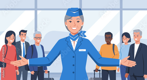 Smiling Flight Attendant Welcoming Passengers at Airport