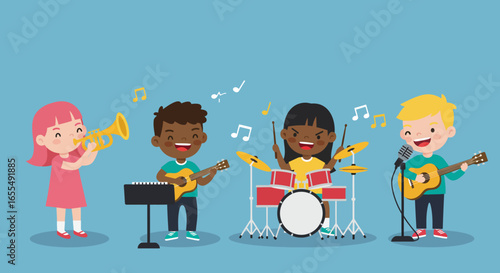 Cartoon Band of Children Playing Musical Instruments