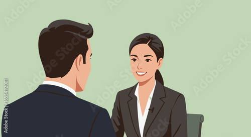 Businesswoman in Suit Interviewing Man, Smiling, Professional.