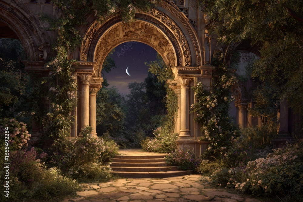 Fototapeta premium Hidden garden with an ornate stone archway illuminated by soft golden light, creating a magical and serene escape.