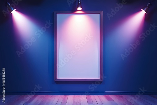 Mock up Poster frame with spotlight on wall at cinema in blue and pink cinematic style with copy space