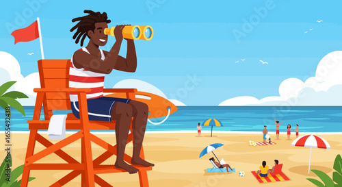 Lifeguard on Duty Observing Beach with Binoculars