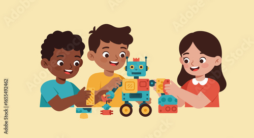 Children Assembling a Colorful Cartoon Robot Together