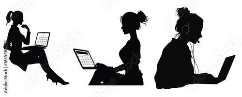 silhouette of two women working with laptop vector