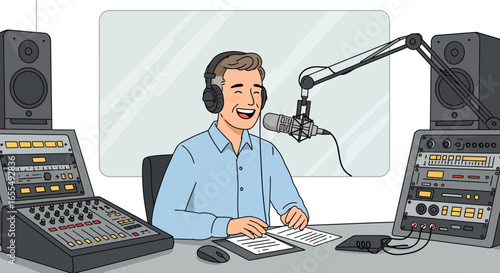 Happy Man Broadcasting in Radio Studio with Microphone