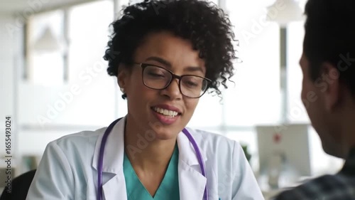 Smiling Doctor in Office Discussing Health with Patient with Medical Consultation.