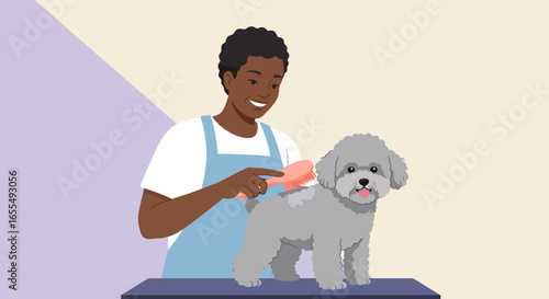 Person Brushing a Gray Poodle Dog's Fur