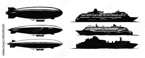 set of airship and cruise ship silhouette for transport infographic and travel design