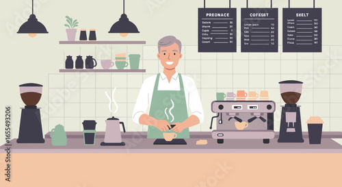 Smiling Barista Preparing Coffee in a Cafe Setting