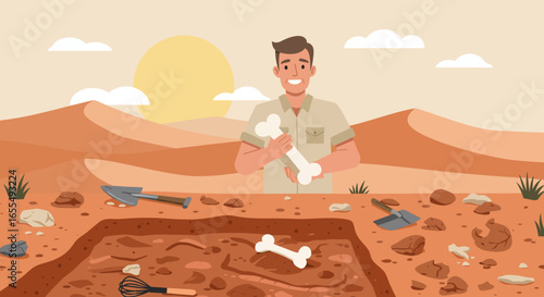 Smiling Archaeologist Holding Bone in Desert Excavation Site