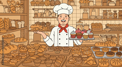 Cheerful Baker Holding Cupcakes in a Bakery Shop