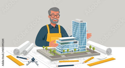 Architect Presenting Building Model with Architectural Plans