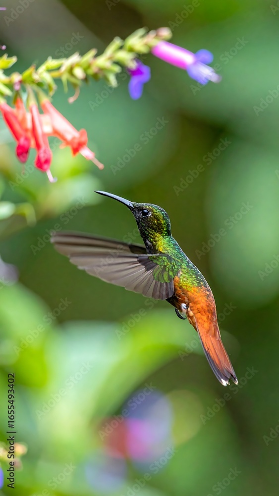 Fototapeta premium Hummingbird in flight near flowers