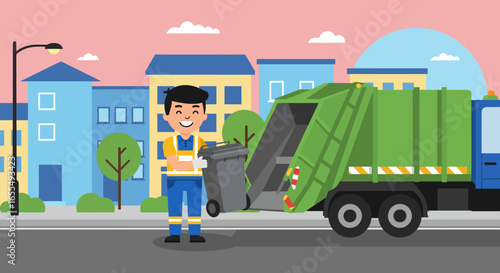 Smiling Sanitation Worker with Garbage Truck and Bin