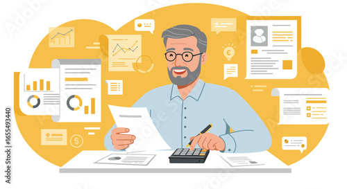 Smiling Senior Man Analyzing Financial Documents