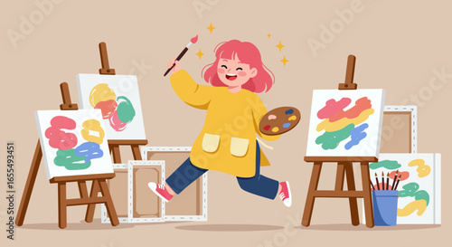 Joyful Artist Painting with Brush and Palette