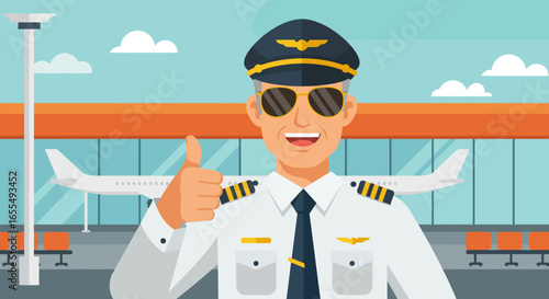 Smiling Pilot Giving Thumbs Up at Airport
