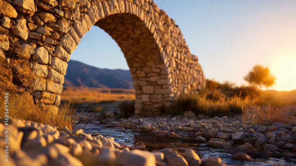 Fototapeta premium Serene sunset view of a stone bridge arching over a tranquil stream in a picturesque landscape