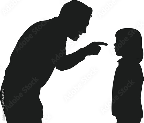 Silhouette of man scolding child, aggressive behavior, family conflict, emotional abuse, parenting stress, child discipline, anger issues, domestic tension