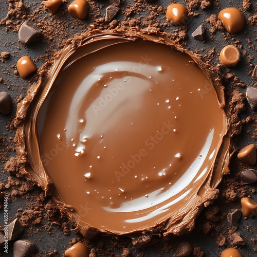 Melted chocolate encircled by cocoa powder.