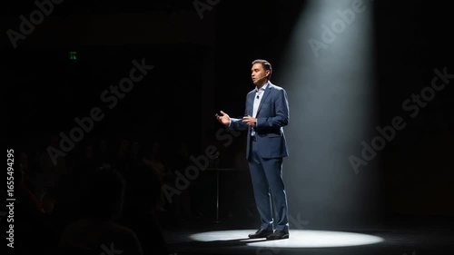 Speaker presenting in spotlight at a conference event