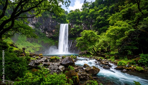 Lush waterfall cascading through a verdant valley (1)