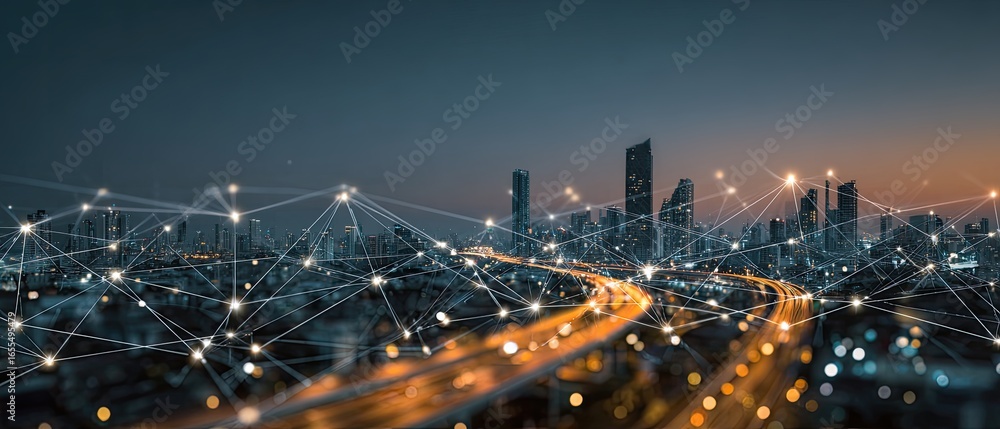 custom made wallpaper toronto digitalA city at night, interconnected by a network of lines and glowing points. Urban cityscape with blurred traffic and buildings at twilight
