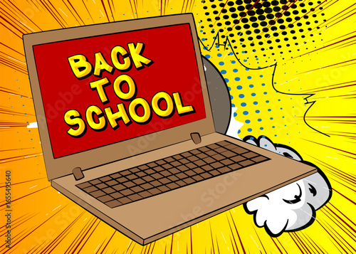Cartoon Laptop, comic book Notebook with Back To School text. Retro vector comics pop art design.