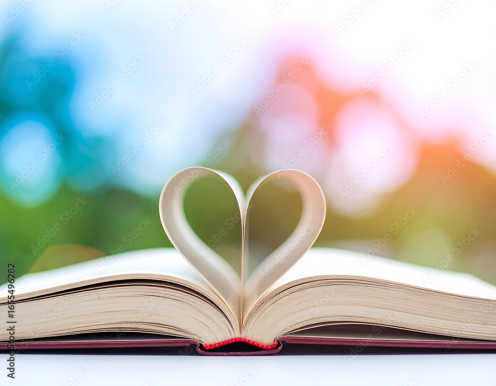 Fototapeta premium Open book with pages shaped as heart against a blurred nature background