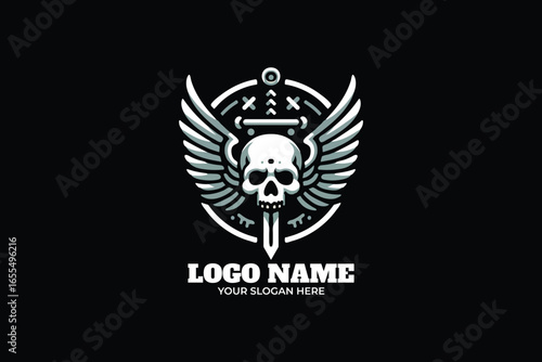 Skull Sword Wing Flat Logo