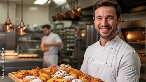 Smiling Baker Presents a Tray of Fresh Pastries in a Professional Kitchen Setting, showcasing culinary artistry and bakery atmosphere for food lovers