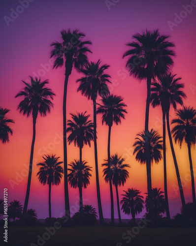 Silhouette of palm trees at sunset. Silhouette palm tree at tropical beach. 80s vibe. Tropical background.  Ai Generative.