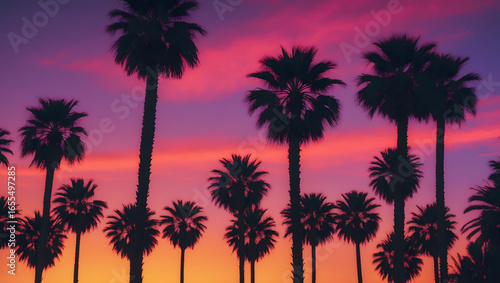 Silhouette of palm trees at sunset. Silhouette palm tree at tropical beach. 80s vibe. Tropical background.  Ai Generative.