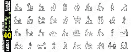 40 Icons Set of Family Parenting and Childcare Activities on White Background Keywords: family, parenting, childcare, icons, set, people, mother