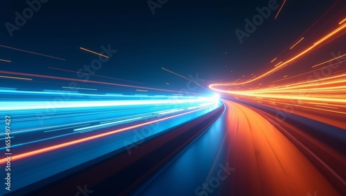 Futuristic Neon Road Speed city street traffic blurs into streaks of red and white light at night.