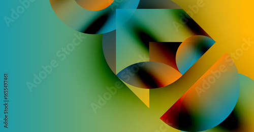 Abstract composition. Overlapping shapes create dynamic color gradients. Smooth transitions suggest movement, warmth, coolness. Modern design.