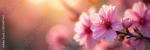 Close-up of delicate pink blossoms gently swaying in a soft breeze, bathed in warm sunlight; a tranquil scene evoking feelings of serenity and beauty , bloom, summer