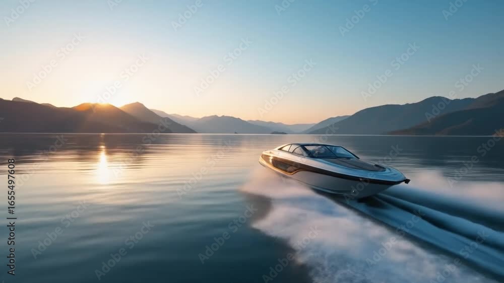 A modern motorboat glides across calm waters at sunrise, creating a smooth path with blue skies, mountain reflections, a peaceful outdoor adventure, and a serene view. 4k video