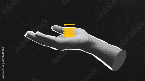 Hand holding stack of coins business concept of financial decisions, planning, investment risks, money management. Modern retro grain stop motion animation frame 2d 4k